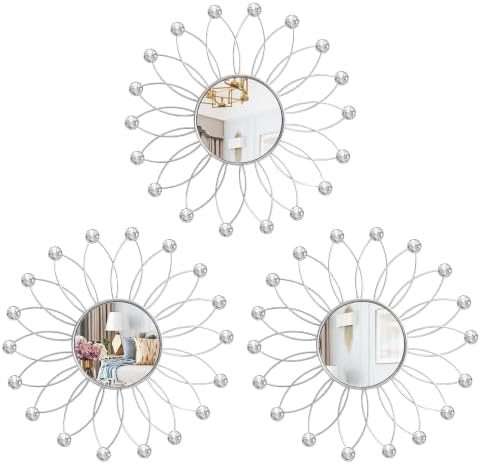 3 Pack Metal Mirrors for Wall Sunburst Wall Mirror Silver Crystal Wall Art by Uaussi