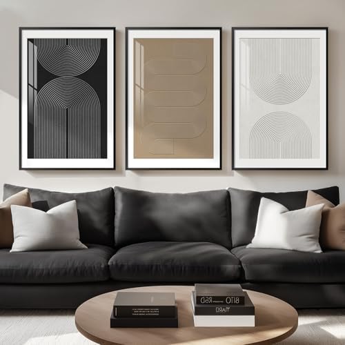Large Framed Boho Neutral Modern Abstract Wall Art, 3 Piece Canvas Prints by Cuspin
