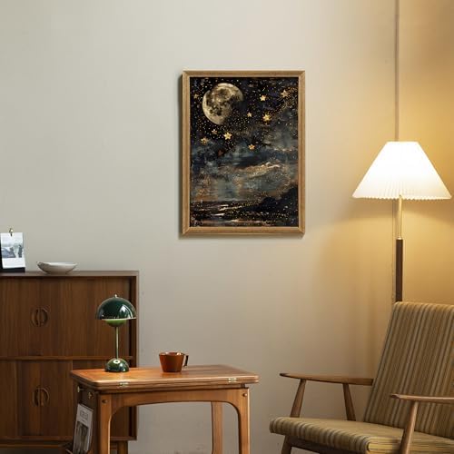 ICHZUMW Framed Moon and Stars Celestial Vintage Canvas Wall Art 12x16 In - Image 2