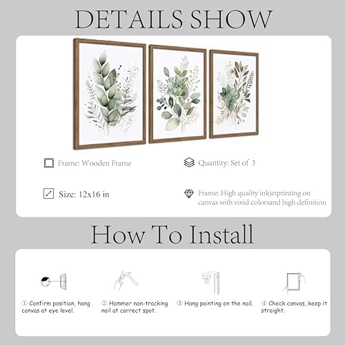 Sage Green Botanical Wall Art Set of 3, Modern Watercolor Eucalyptus Leaf - Image 3