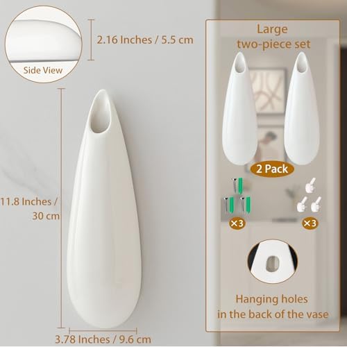 White Ceramic Wall Vases, 12 Inch, Teardrop Design - Image 2