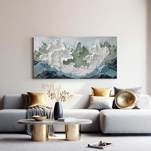 YISXINOAG White Green Ocean Wall Art Minimalist Coastal Painting 20"X40" - Image 3