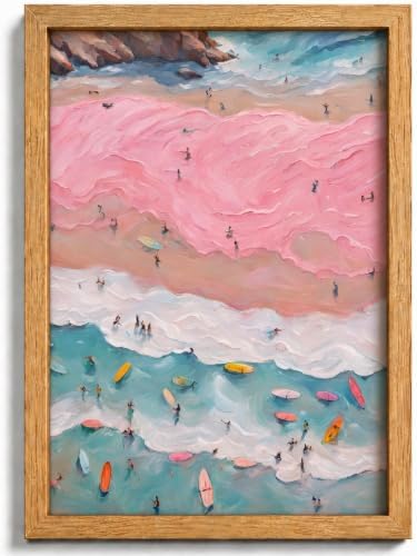 Framed Pink Coastal Canvas Wall Art, Girl Beach Surfers Picture Wall Decor by HJYQLN