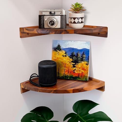 Demigo Round Floating Corner Shelves, Natural Acacia Wall Shelf - Image 7