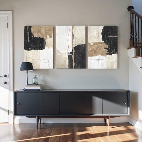 AVECCO Triptych Abstract Black Beige Gold Wrapped Canvas Wall Art 16x24 In - Image 3