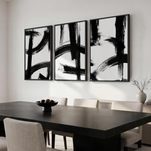 Large Framed Black and White Modern Abstract Wall Art Set, 3 Piece 24x36 In - Image 5