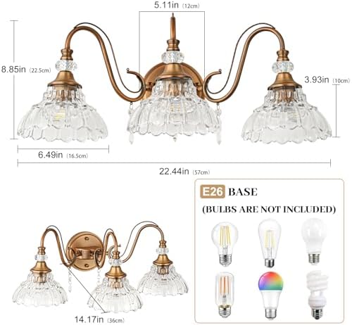 Vintage Bathroom Vanity Light, 3-Light Matte Antique Brass Finish Wall Sconce - Image 6