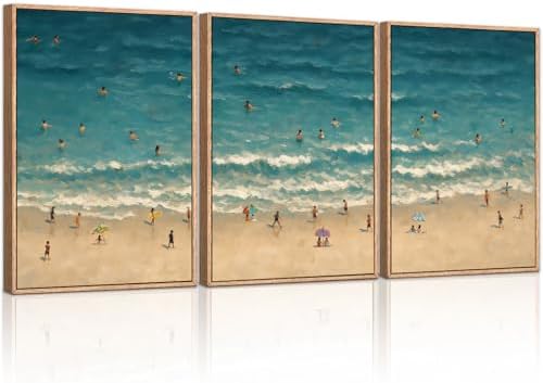 HLNIUC Summer Beach Framed Canvas Wall Art, Large Coastal Sea Wave Wall Decor by HLNIUC