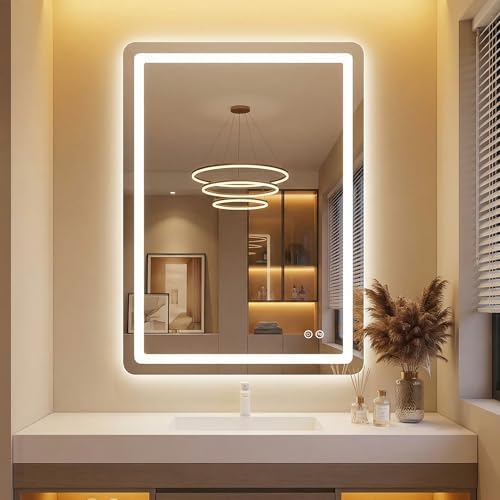 LED Bathroom Mirror with Lights, 24 x 36 Lighted Vanity Wall Mirror by AMOISE