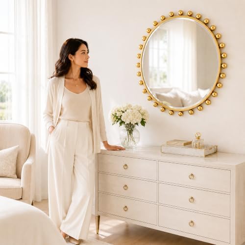 30 Inch Round Wall Mirror, Antique Gold Ball Frame, Beveled Glass - Image 3