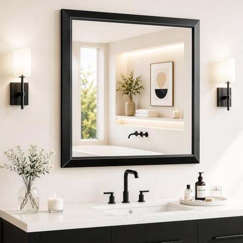 Black Bathroom Mirror for Over Sink, 36x36Inch Thick Anti-Rust Metal Frame by ERZERTBathroomMirrors