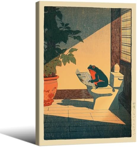 Japanese Frog Framed Wall Art Cute Animal Canvas Print Funny Frog On The Toilet by Unknown
