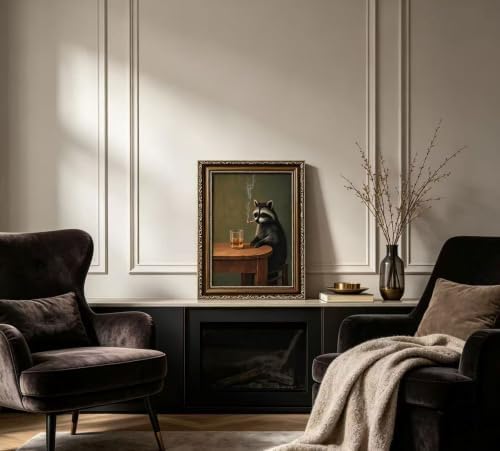 Vintage Gold Framed Smoking Raccoon Wall Art, Moody Dark Funny Animal Whiskey - Image 4