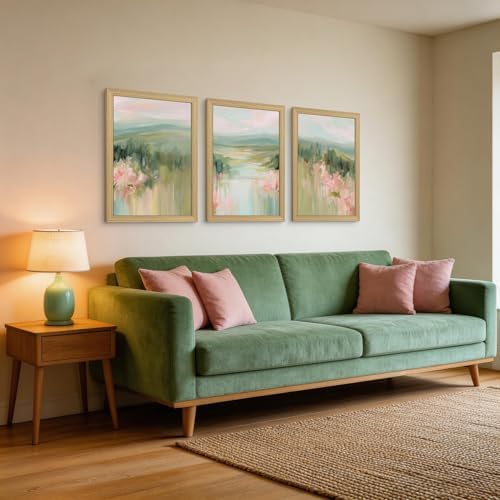 Green and Pink Landscape Canvas Wall Art 3Pcs Framed Home Decor 12X16 Inch - Image 2