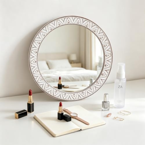 12in Round Mirror Farmhouse Wooden Frame Circle Mirrors, Rustic Decorative - Image 4