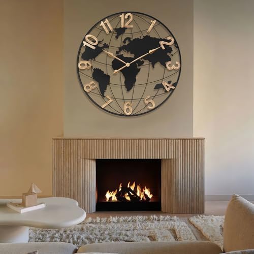 Pytha Sight 36 Inch Large Extra Metal Oversized Arabic World Map Wall Clock - Image 6