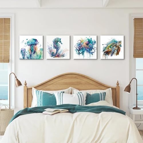 Sea Turtle Bathroom Decor Ocean Animals Canvas Prints Teal Octopus Wall Art - Image 2