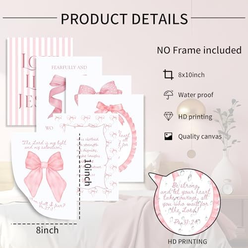 3 Piece Pink Bows Wall Art for Girls Room College Gifts for Girls 8x10 In - Image 2