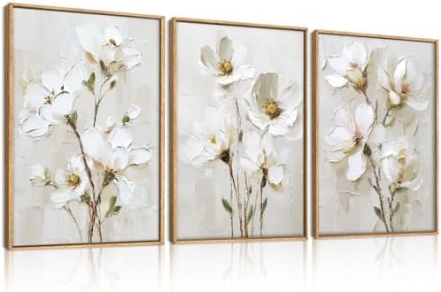 FWIEXA 3D Beige White Floral Canvas Wall Art, Neutral Flower Framed Wall Art by FWIEXA