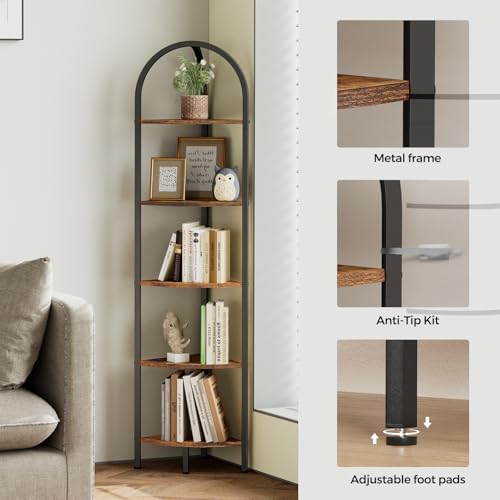 Homhedy 5-Tier Arched Corner Shelf Stand, Wall Corner Bookshelf - Image 5