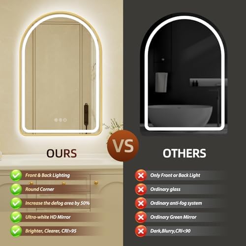 24x36 Inch Arched Gold Framed LED Bathroom Mirror - Image 7