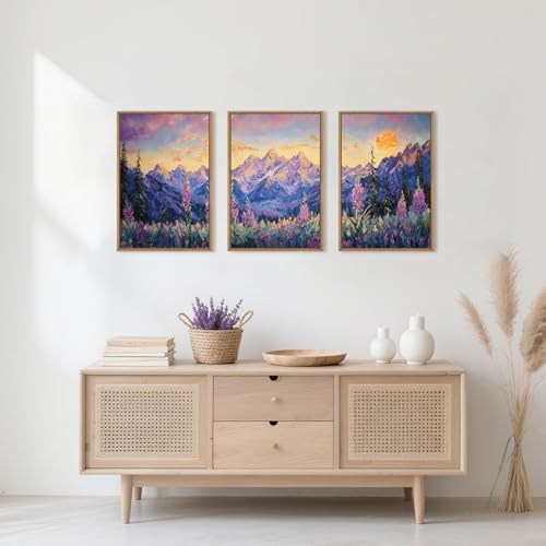Vintage Purple Mountain Landscape Framed Canvas Wall Art Set-16"x24"x3 - Image 3