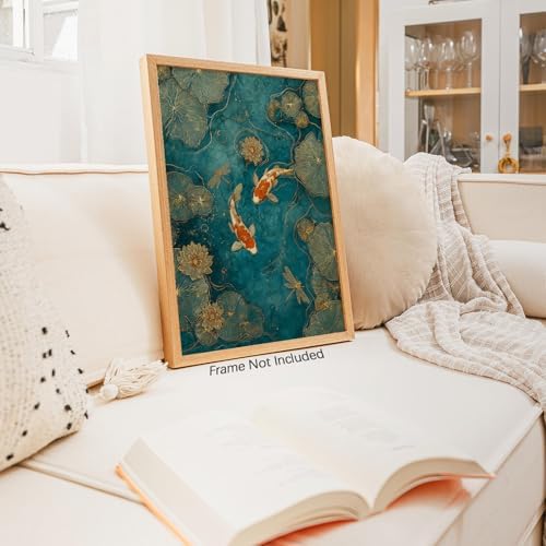 Vintage Japanese Canvas Wall Art Oriental Asian Koi Fish Psoters Emerald Green - Image 3