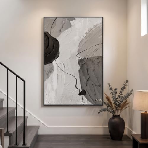 Extra Large Framed Black and White Neutral Abstract Wall Art Vertical 40x60 - Image 3