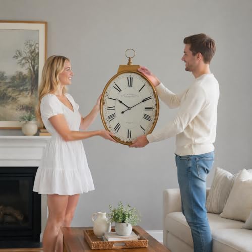 EMAX HOME Large 25-Inch Oval Wall Clock, Vintage Gold Distressed Metal Frame - Image 3