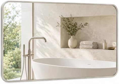 30x48 Inch Brushed Nickel Rounded Rectangle Bathroom Vanity Mirror by Pocetry