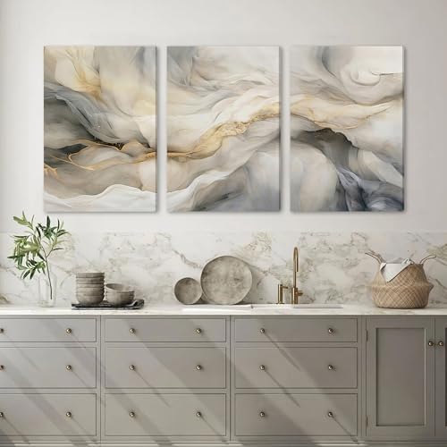 EJPFOGV Triptych Grey White Gold Wrapped Canvas Wall Art 20x30 inches x3 - Image 2