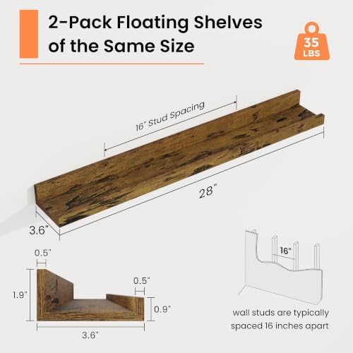 Picture Ledge Shelf, 28 inch Floating Wood Shelves Set of 2, Rustic Brown - Image 3