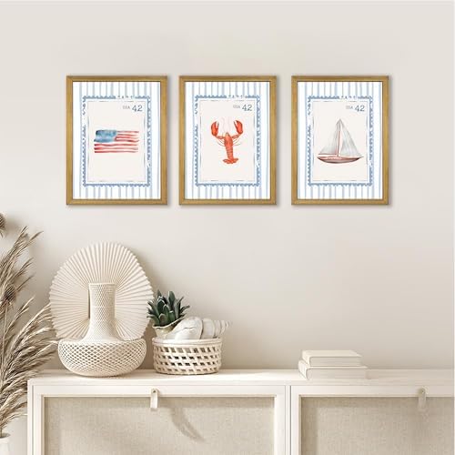 Wood Framed Blue Beach Stamp Set of 3 Canvas Poster Coastal Granddaughter Room - Image 7