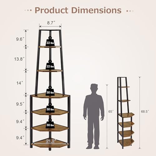 VECELO 6 Tier Corner Shelf 69 Inch Industrial Bookshelf - Image 2