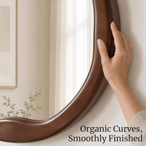 Dark Walnut 36 Inch Round Wood Wall Mirror, Asymmetrical Inner Edge - Image 3