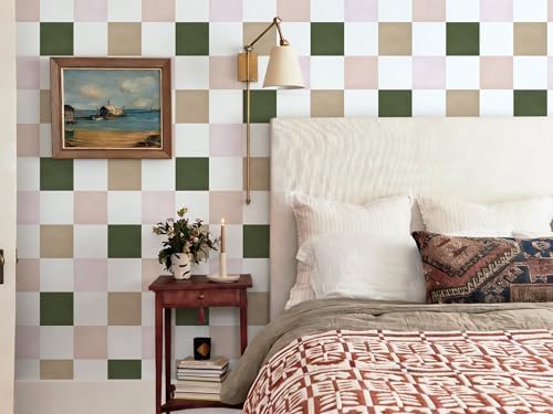 Ismoon Modern Peel and Stick Wallpaper Pink and Green Checkered Contact Paper - Image 2