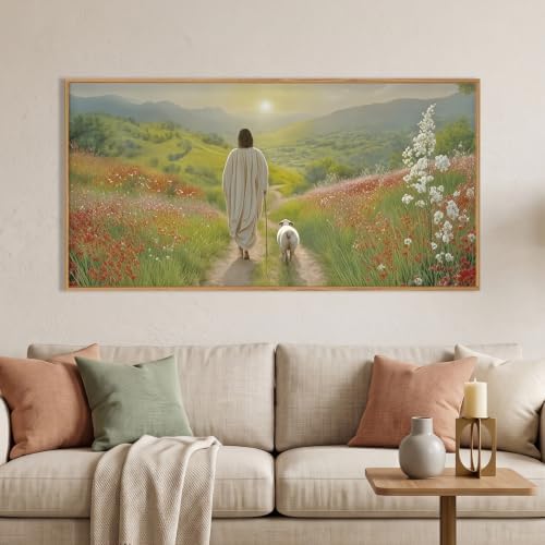 LHIUEM Large Jesus and Lamb Christian Framed Canvas Wall Art, Leaves The 99 by LHIUEM