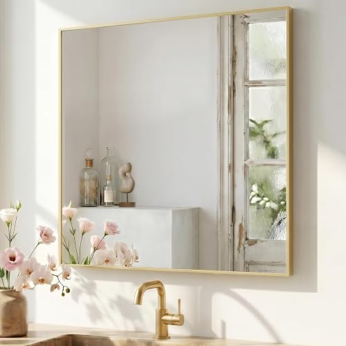 36"x36" Satin Gold Framed Square Bathroom Vanity Wall Mirror by Pocetry