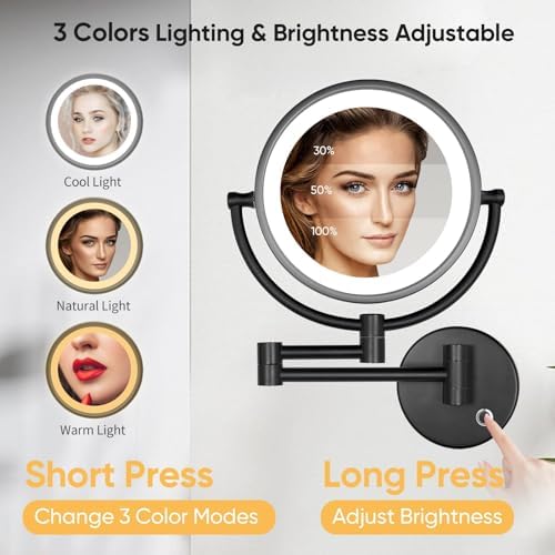 GURUN Hardwired LED Makeup Mirror Wall Mount Extendable Touch Black 10x - Image 2