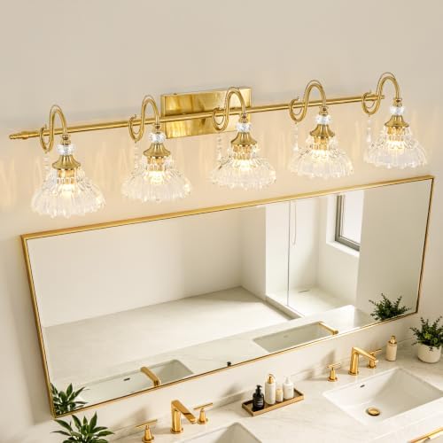 Vintage Bathroom Vanity Light, 5-Light Brushed Gold Finish Wall Sconce - Image 3