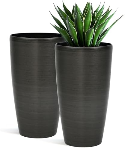 Autodaya 22.8" Tall Outdoor Planters Set of 2, Faux Brushed Steel Finish - Image 2