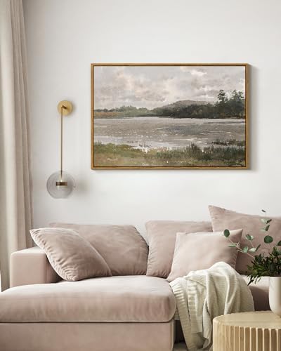 VIYYIEA Vintage Nature Large Framed Wall Art, Lakeside Landscape Paintings Art - Image 3