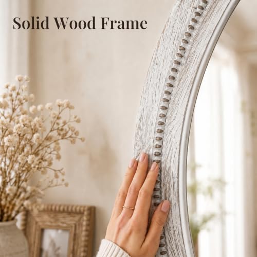 Solid Wood 36 Inch Round Beaded Wall Decor Mirror, Distressed White - Image 5