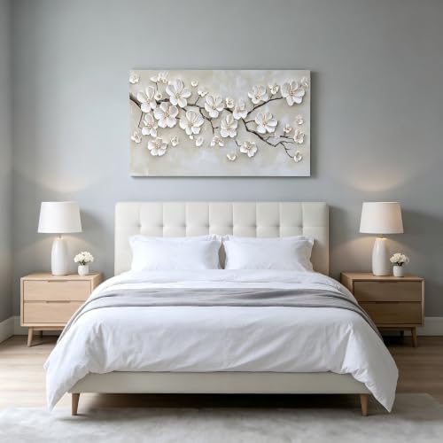 Large White Flower Canvas Wall Art Texture Plant Floral painting Decor Pictures - Image 4