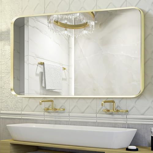 Gold Bathroom Mirror 30x48in, Metal Framed Rounded Rectangle Wall by Minuover