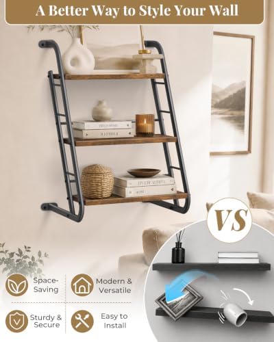 Floating Shelves for Wall, 3-Tier Rustic Wood Ladder Wall Shelf - Image 3
