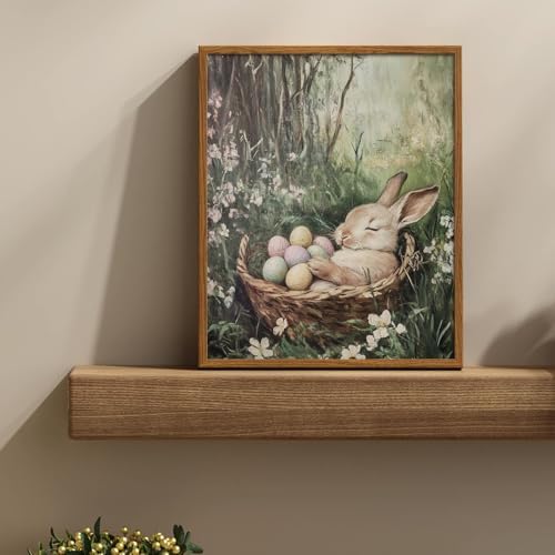 uniro Vintage Easter Rabbit Canvas Wall Art Print, Coloured Eggs and Bunny - Image 2