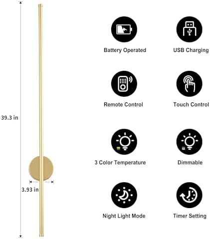 KARTOOSH Battery Operated Modern Wall Sconce Set of Two, 39.3 Inch Gold - Image 5