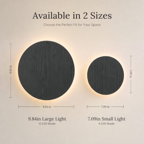 Battery Operated Wall Sconce, Round Black Wood Grain LED Wall Light - Image 2