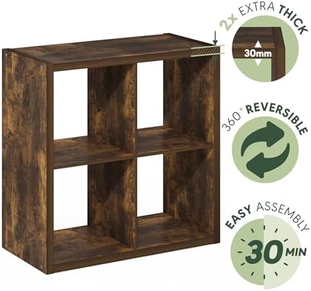 Furinno Cubicle 4-Cube Book Shelf, Extra Thick Frame Bookshelf, Amber Pine - Image 7